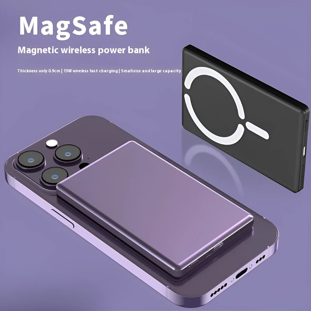 Ultra-thin magnetic power bank in black, dark grey, silver, or violet alloy casing