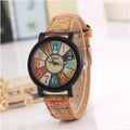 Women's vintage leather quartz watch with 37mm round dial and stainless steel buckle