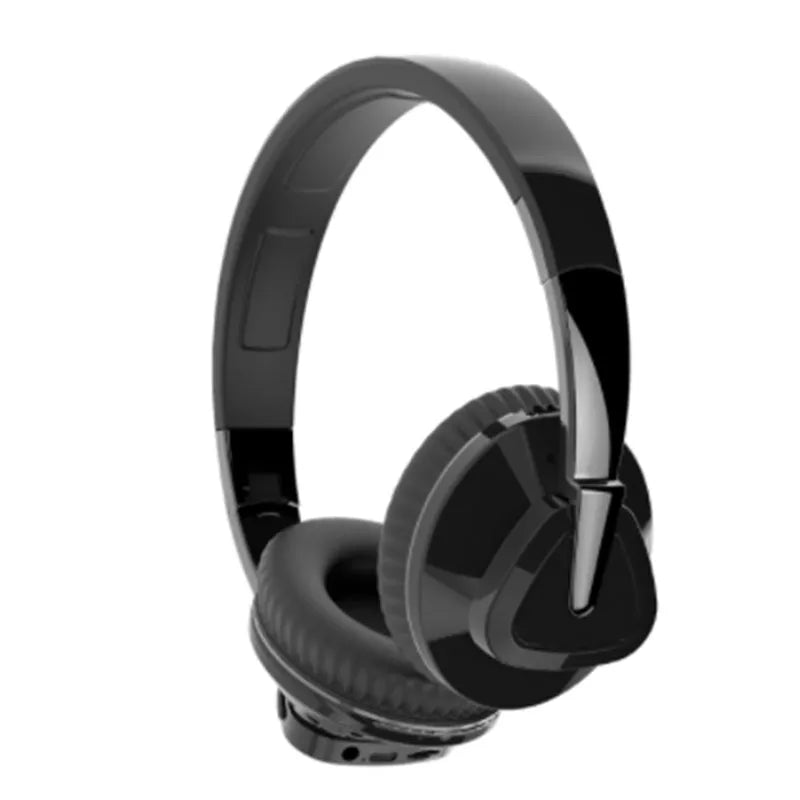 Wireless over-ear headset in black with Bluetooth logo, AUX jack, and TF card slot visible.