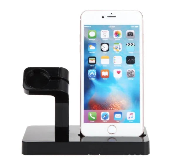 White 2-in-1 desktop charging dock station holding an iPhone and an Apple Watch.