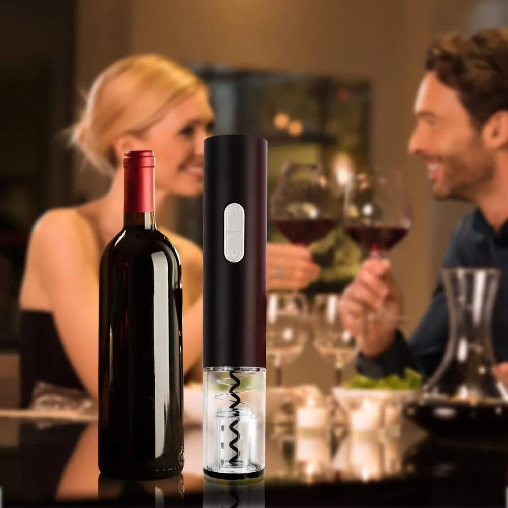 Black automatic electric wine bottle opener with foil cutter on a counter