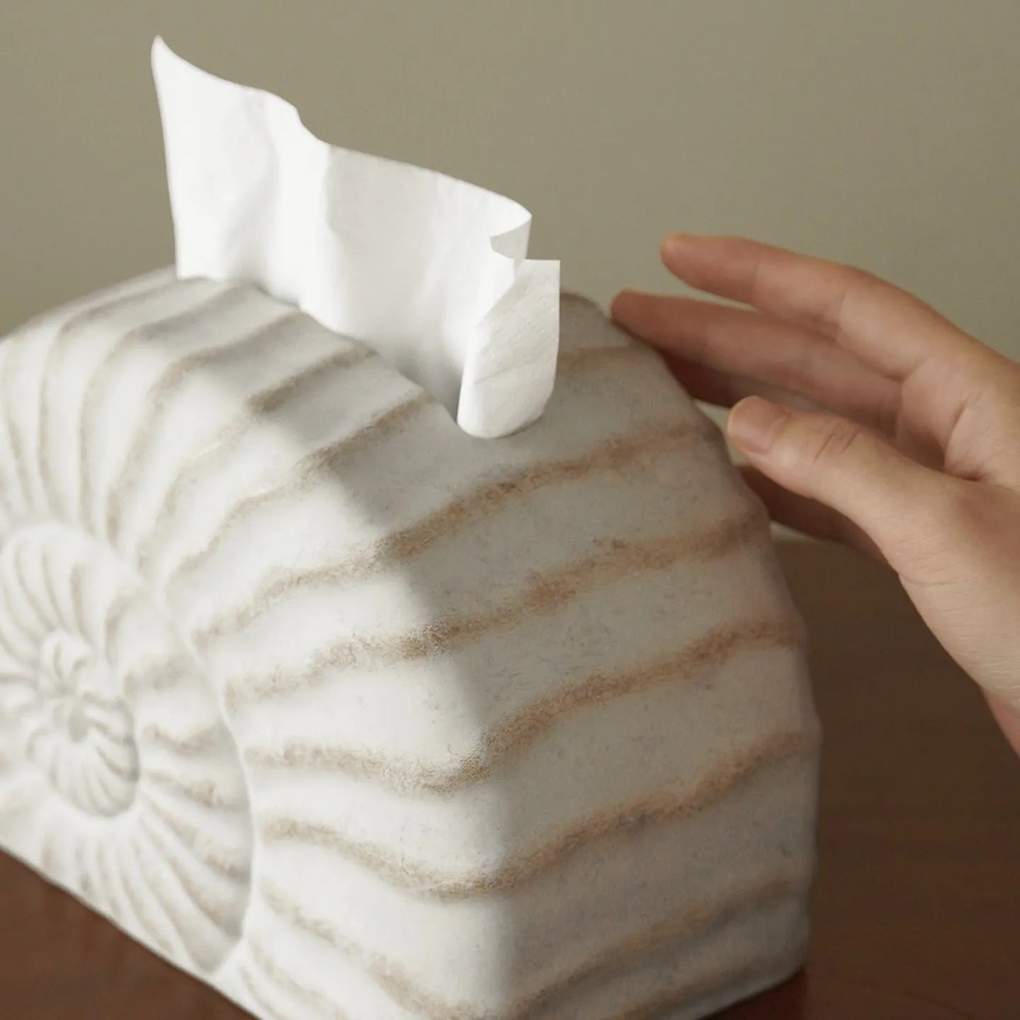 Modern simple resin tissue box cover with decorative conch ramble pattern.