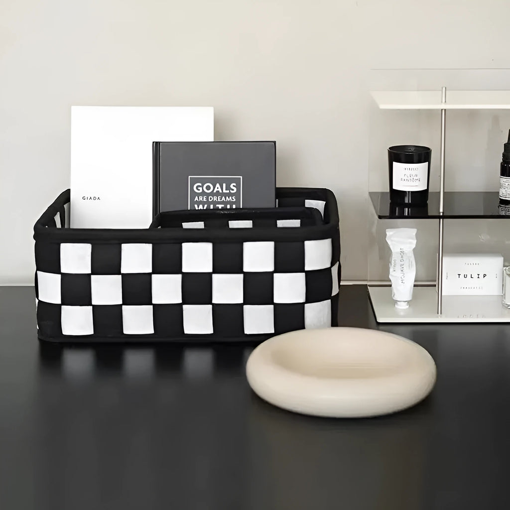 Checkerboard woven grey felt storage basket with folded sides showing its 37x29x19.5cm size.
