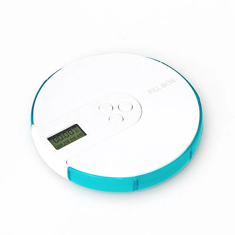 7-compartment alarm clock pill dispenser in multiple colours showing timer display and storage sections.