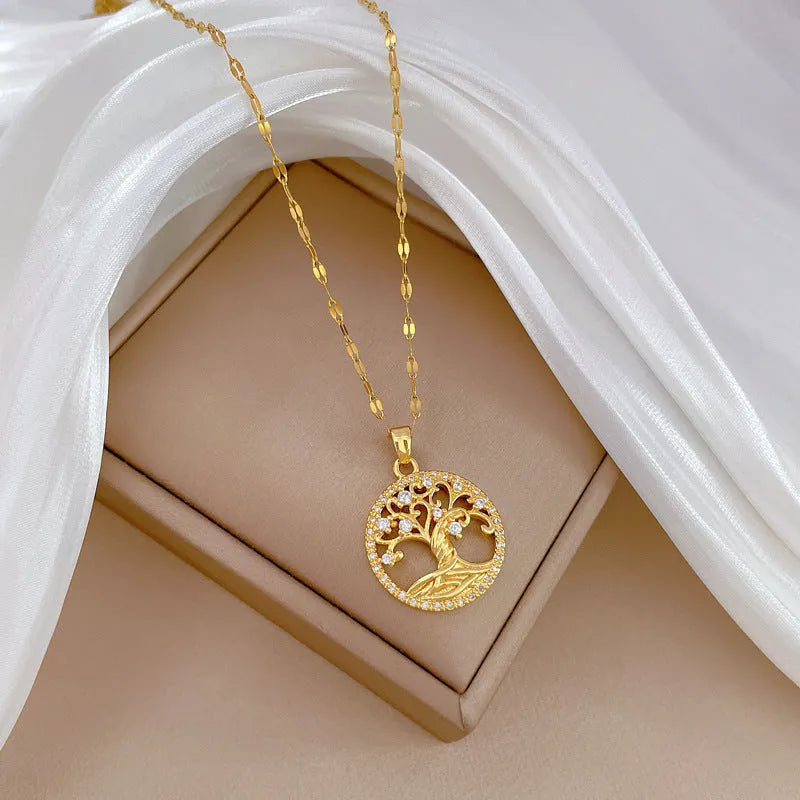 Gold-plated lucky tree cross necklace with mother pearl pendant and rhinestone zircon stones on adjustable chain