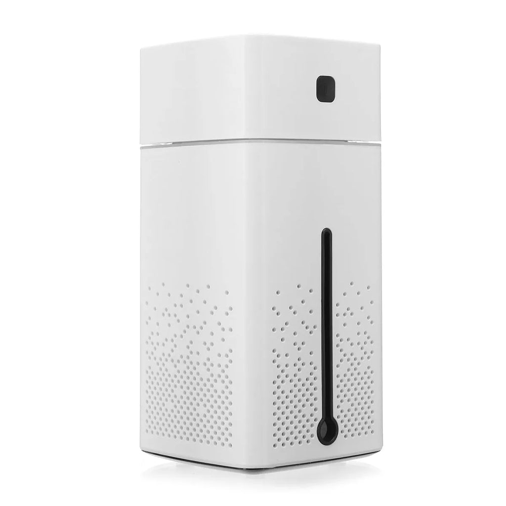 Black and white desktop ultrasonic humidifier with USB cable, 1000ml tank, dimensions 103x103x218mm.