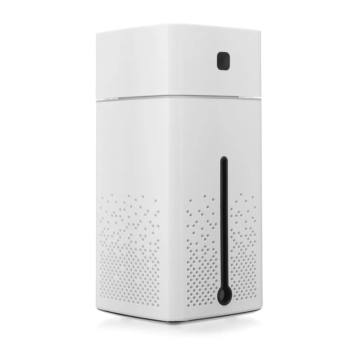 Black and white desktop ultrasonic humidifier with USB cable, 1000ml tank, dimensions 103x103x218mm.