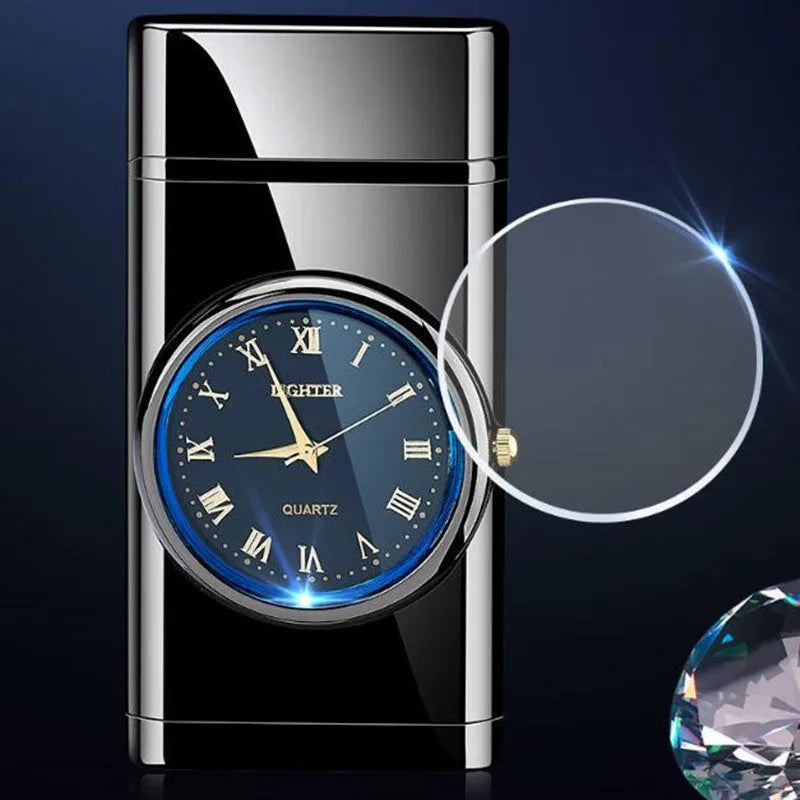 Metal electronic watch lighter with wind-resistant flame, LED light, and multiple finish options