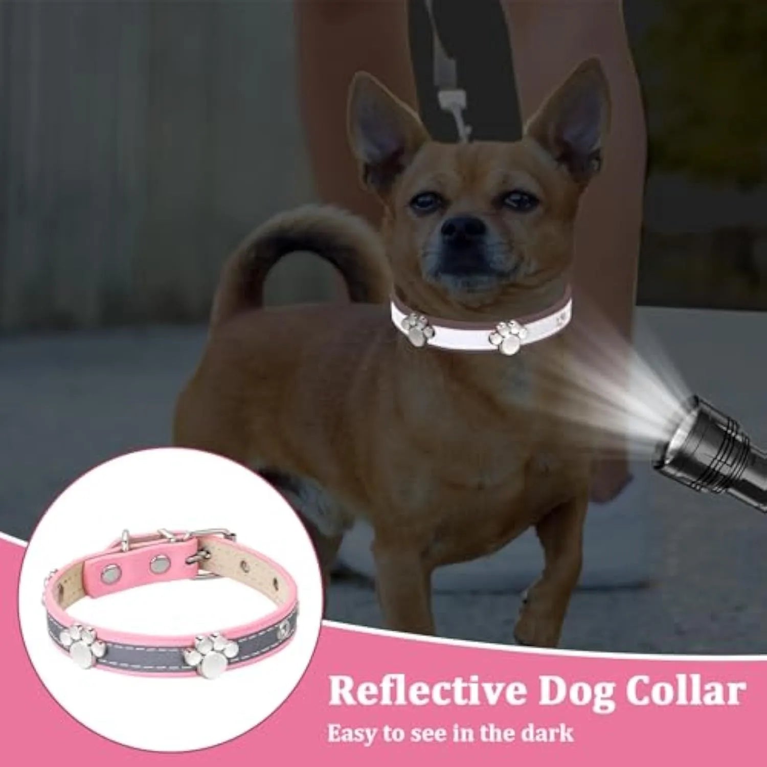 Reflective adjustable dog collar in soft PU leather with paw-shaped metal rivets