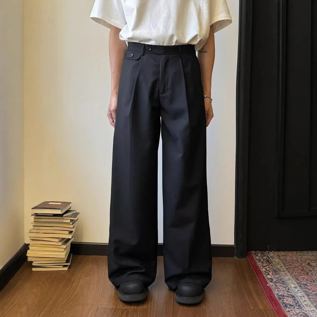 Man wearing brown straight-leg loose wide-leg casual suit pants made from polyester blend fabric