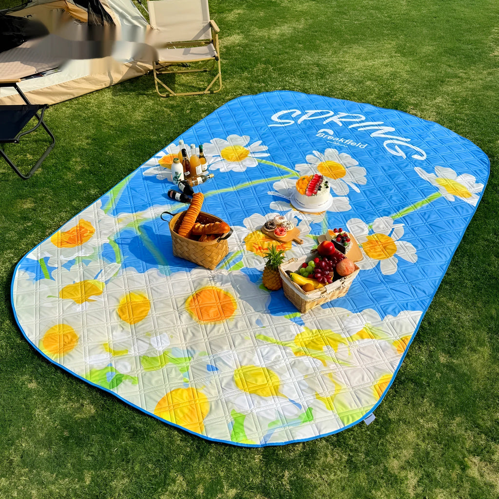 Waterproof ultrasonic thickening picnic mat in Four Seasons colours showing brushed fabric texture and 2x3 metre dimensions