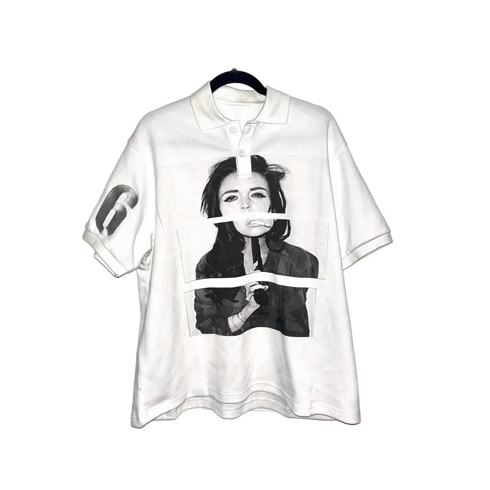 Short sleeved polyester polo shirt with a printed pattern, shown in a straight cut and medium length.