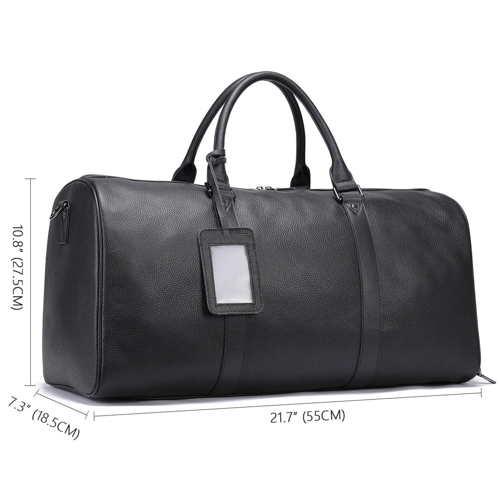 Men's black leather excursion tote bag with a single shoulder strap shown next to a coffee brown version.