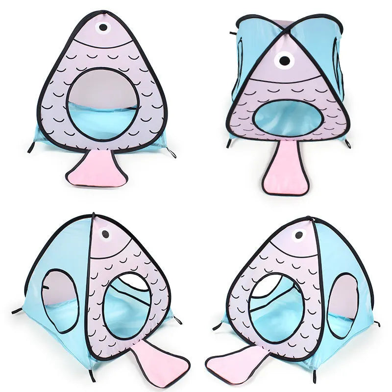 Foldable cat play tent and tunnel set with blue and white cat and fish print.