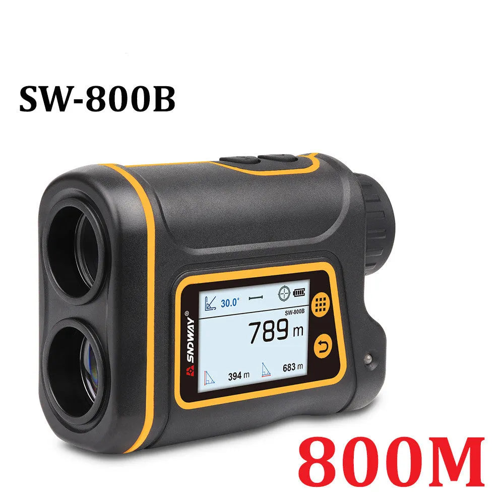 Handheld golf rangefinder measuring 104 x 76.5 x 41 mm with distance measurement display