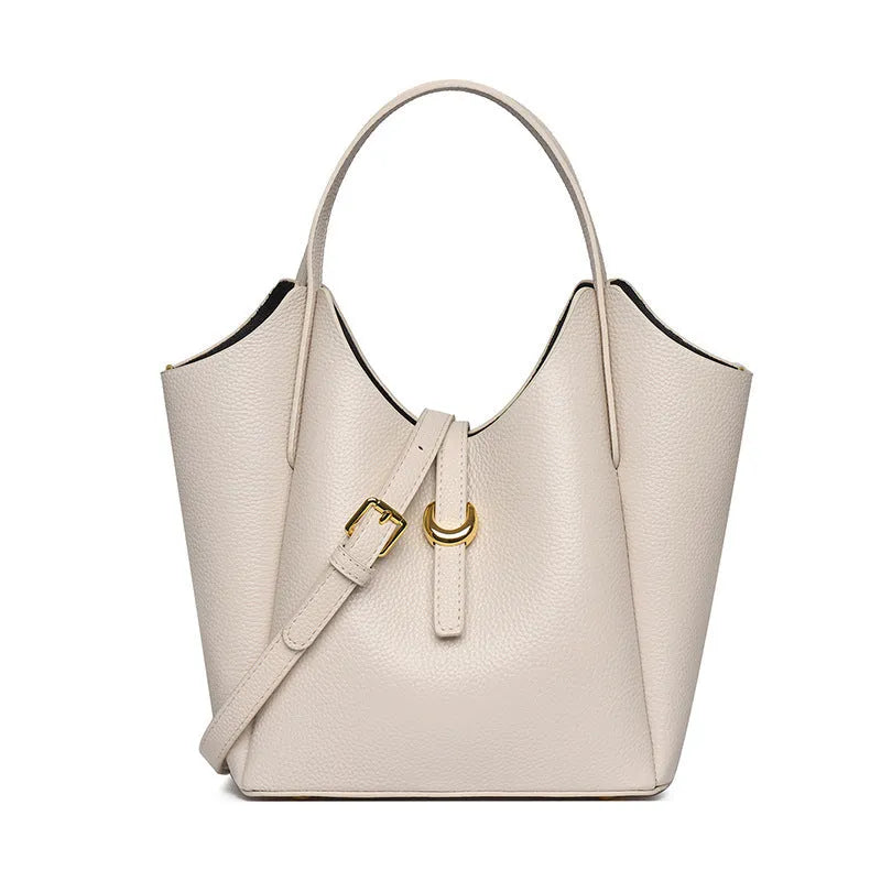 Genuine leather women's bucket handbag with file compartment in retro European style