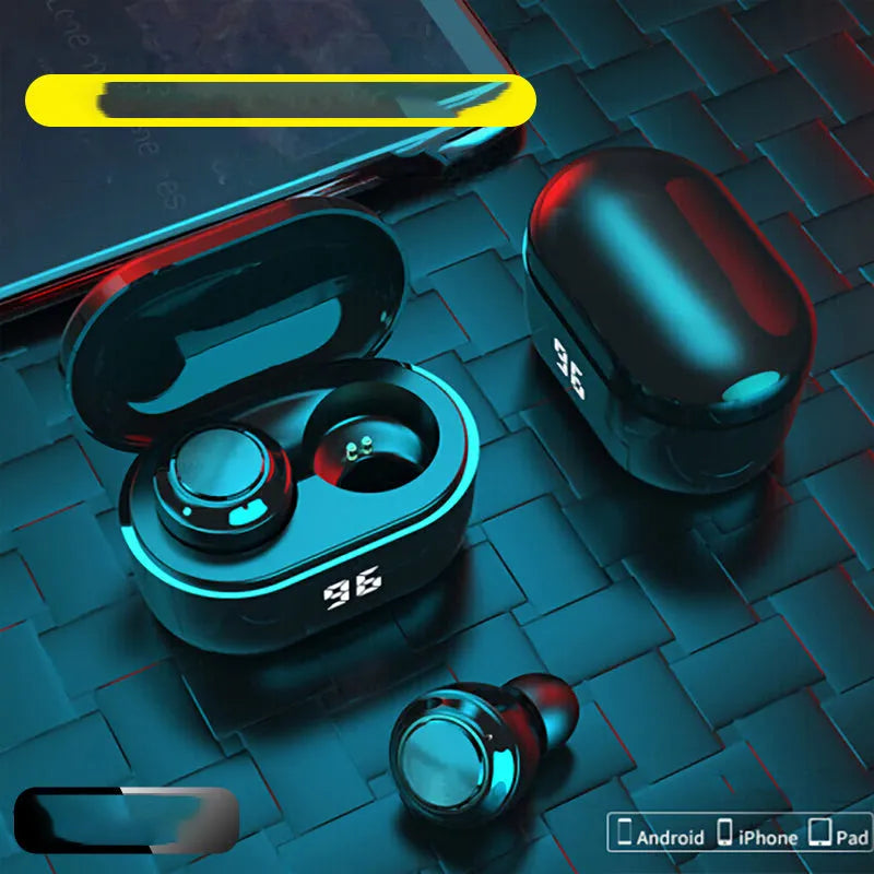 Black bilateral earplug-style stereo Bluetooth headset with Bluetooth 5.0 and NFC.