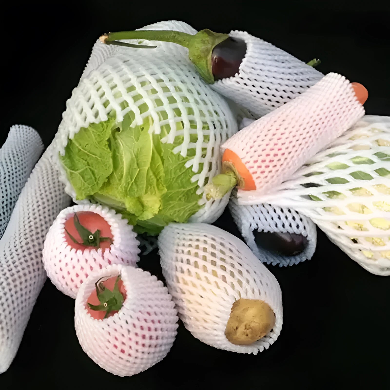 White foam net fruit protective cover shown in various sizes for packing.
