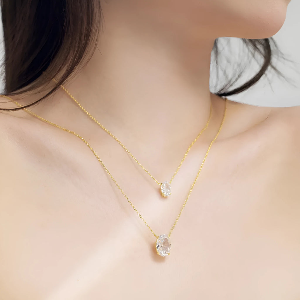 S925 sterling silver necklace with geometric oval ice flower pendant in platinum or gold finish