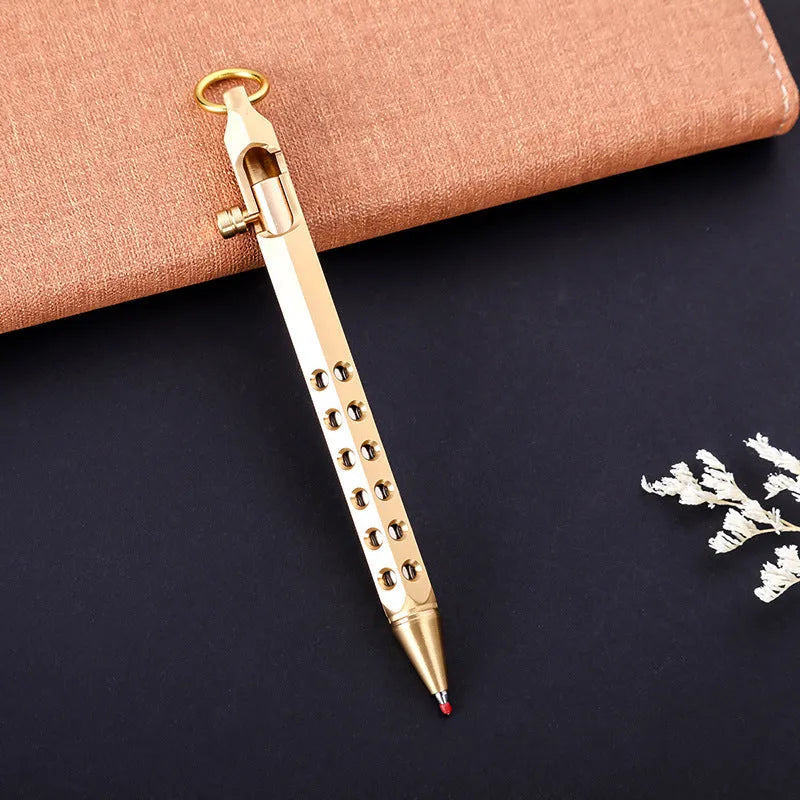 Brass hexagonal bolt rollerball pen with 0.5mm tip and retro mechanical design