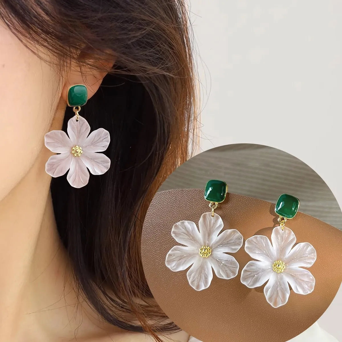 Dark green needle flowers sweet alloy earrings for women, shown as a complete pair