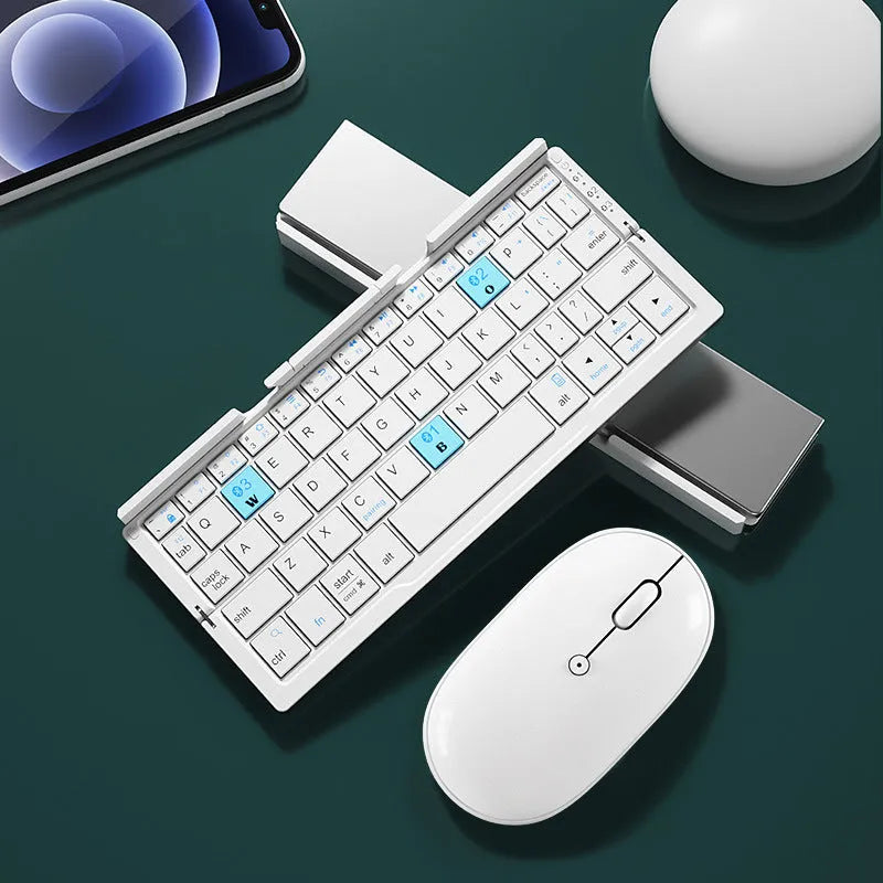 Silver white folding Bluetooth keyboard propping up smartphone with aluminium alloy housing