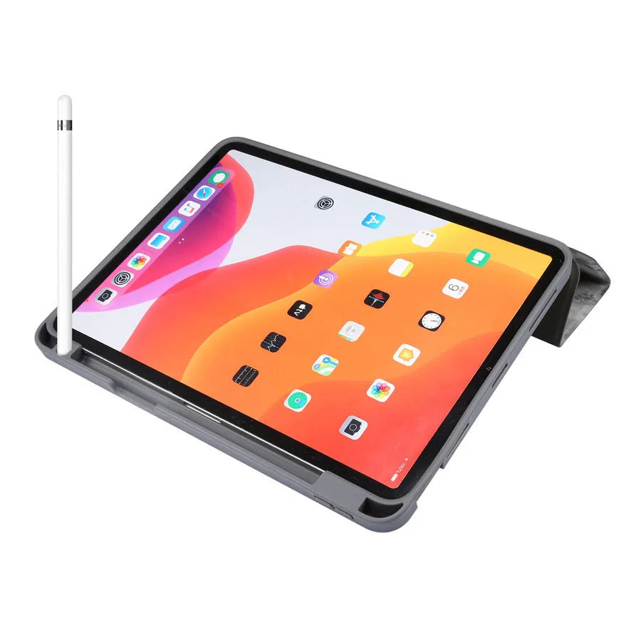 Dark gray tri-fold leather iPad case with magnetic closure and Apple Pencil slot, shown in stand mode.