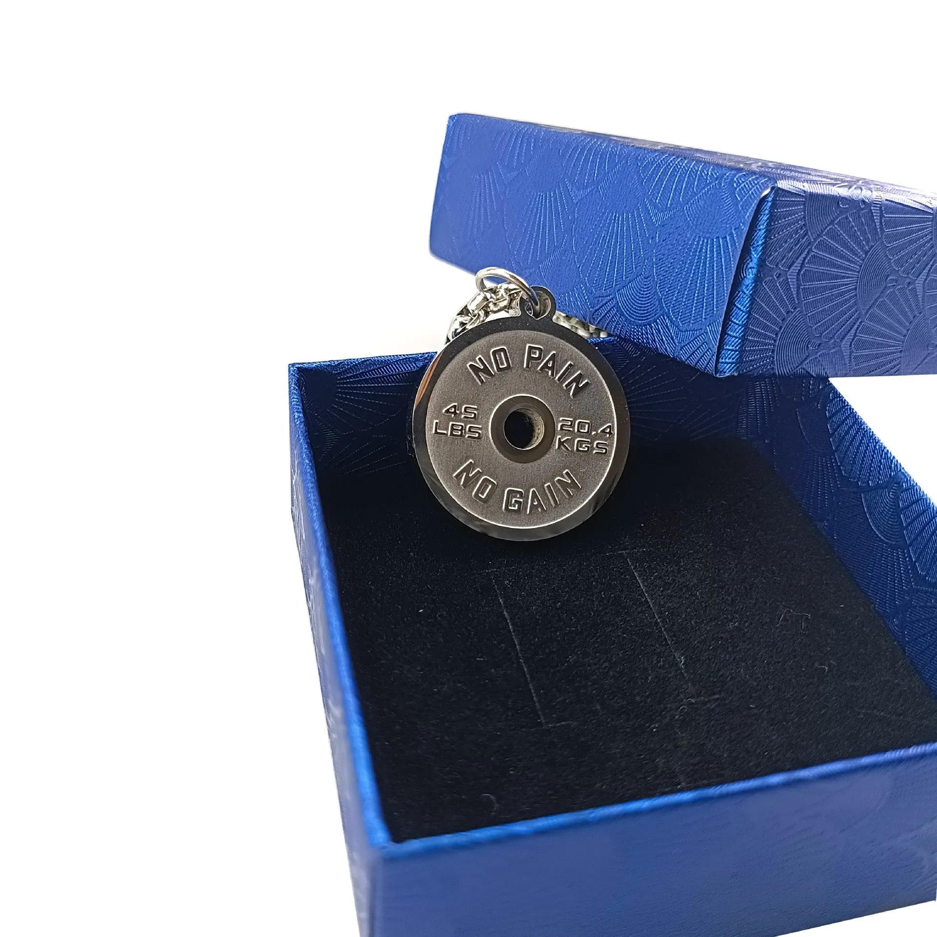 Stainless steel barbell disk geometric pendant necklace on a choice of 60cm chain.