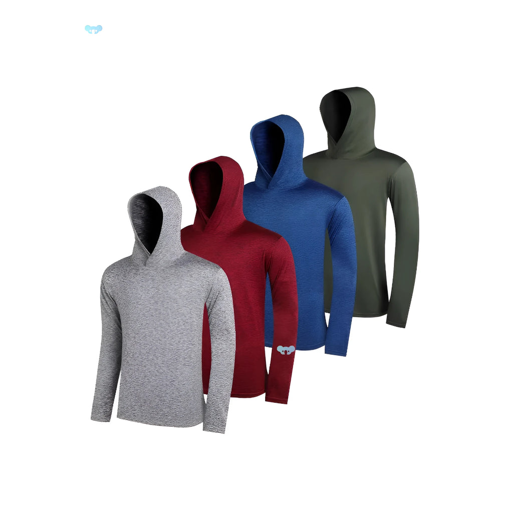 Four folded men's lightweight polyester hoodies from a multipack, shown in a solid colour.