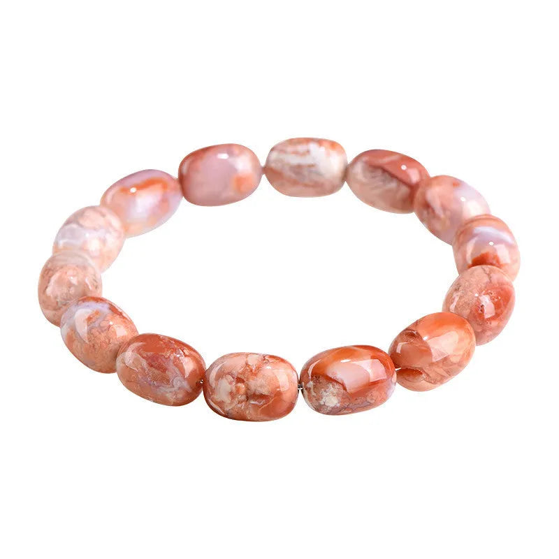 Natural cherry agate barrel bead bracelet with 10x14mm geometry beads and ruyi charm