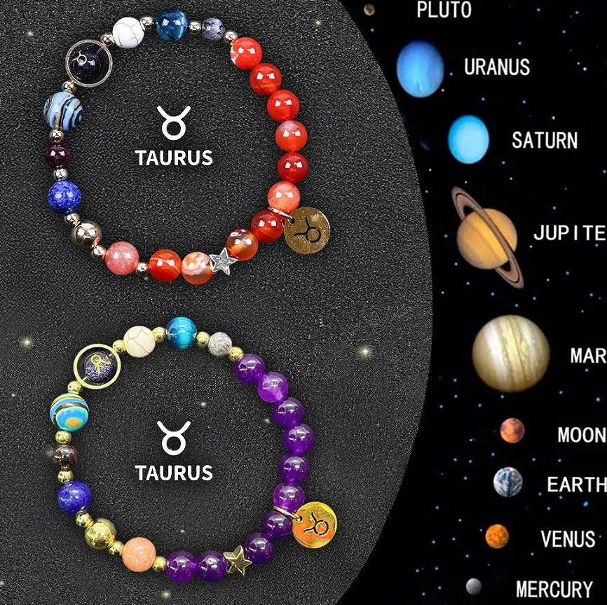 Set of two natural stone beaded bracelets featuring zodiac sign designs on an adjustable band.