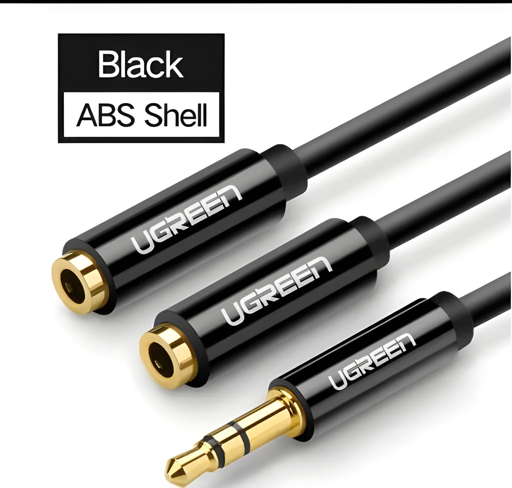 Short black 3.5mm earphone replacement cable with gold-plated plugs on a grey background