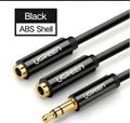 Short black 3.5mm earphone replacement cable with gold-plated plugs on a grey background