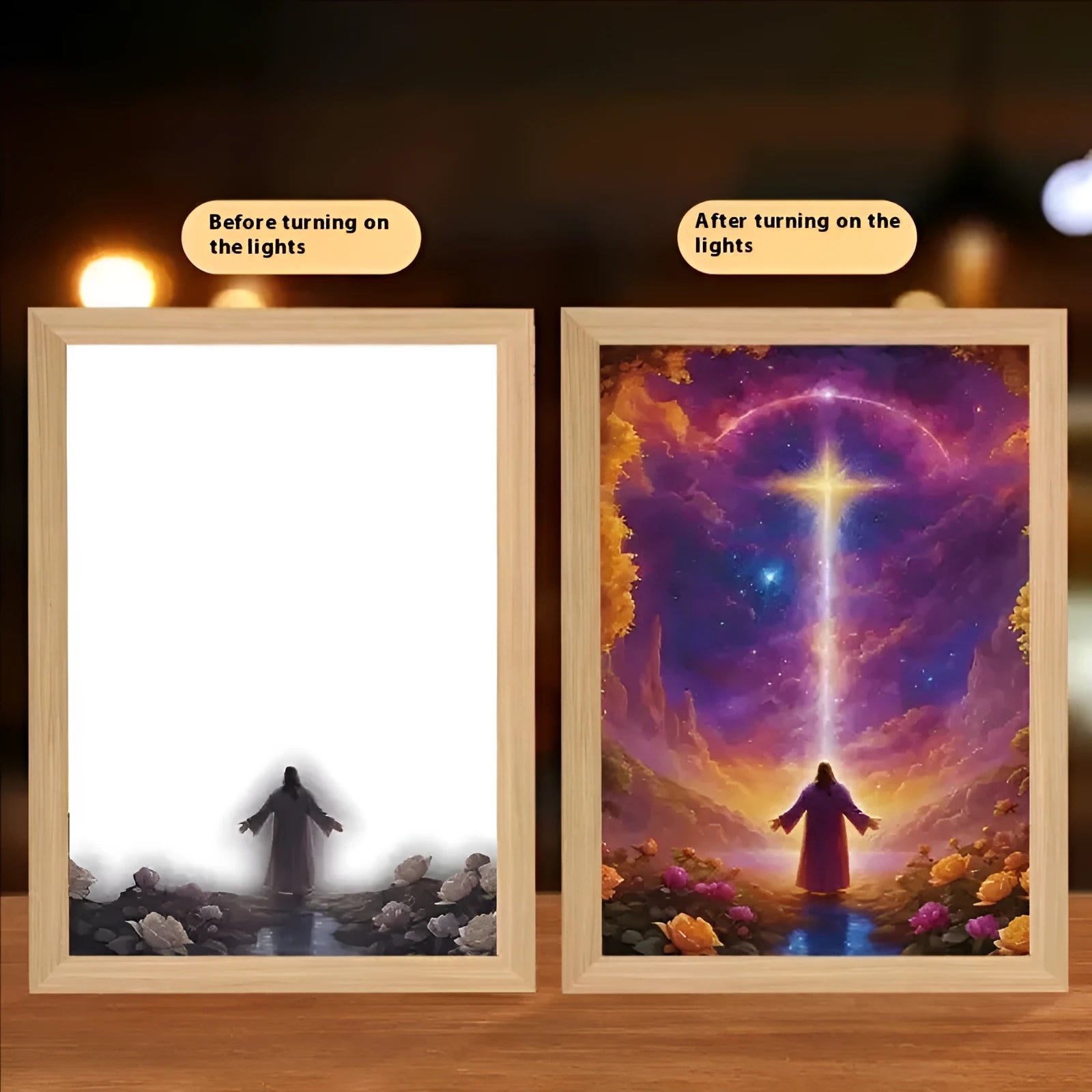 Modern rectangular LED photo frame with customisable inner designs and plug-in power cable