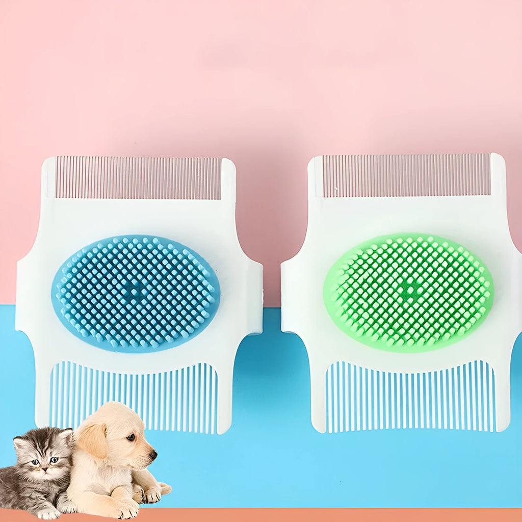 Blue multifunctional pet grooming comb with floating hair removal and massage features measuring 8.5 by 7.5 cm