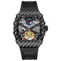 Men's mechanical waterproof watch with luminous hands, rubber strap, and see-through case back