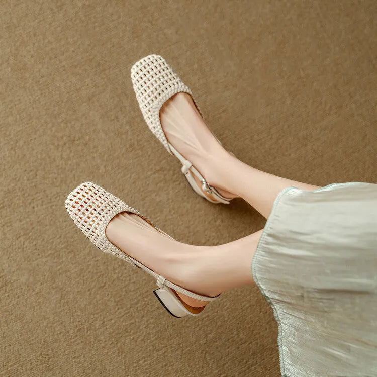 Women's woven hollow-out sandals with closed toe, square toe design and 4cm chunky block heel