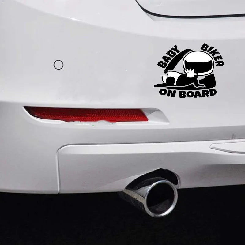Black and white reflective Baby On Board car sticker shown at 14.5 by 15 cm size.