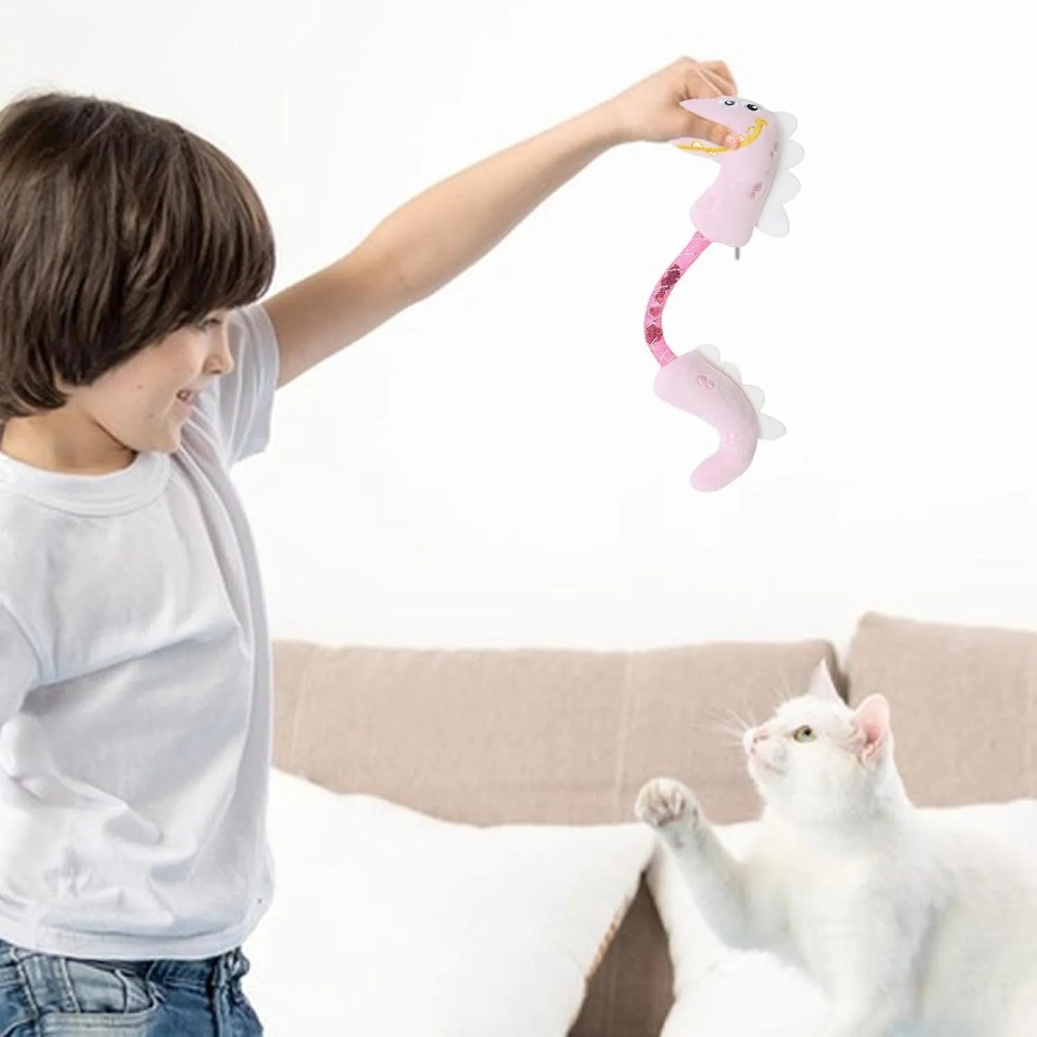 Four-piece cat toy bundle showing plush mouse, fish, bunny, rope toys, springs and kicker toys in assorted colours