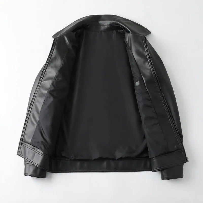 Black men's PU leather jacket with zip pockets and loose fit design