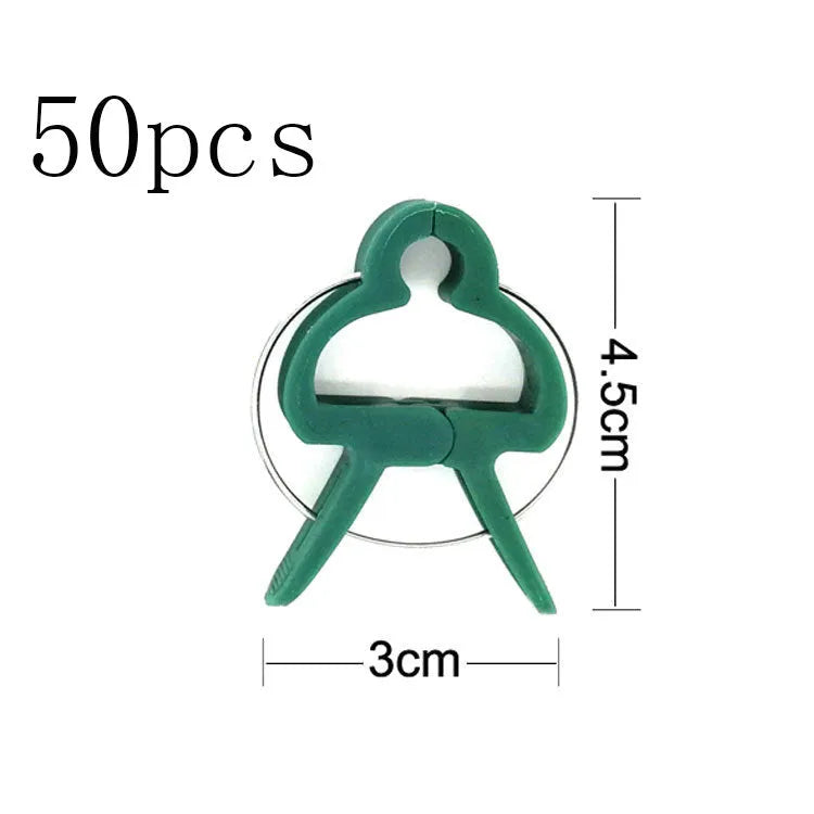 Green plastic and zinc plant support clips, showing large and small sizes for vines and tomatoes.