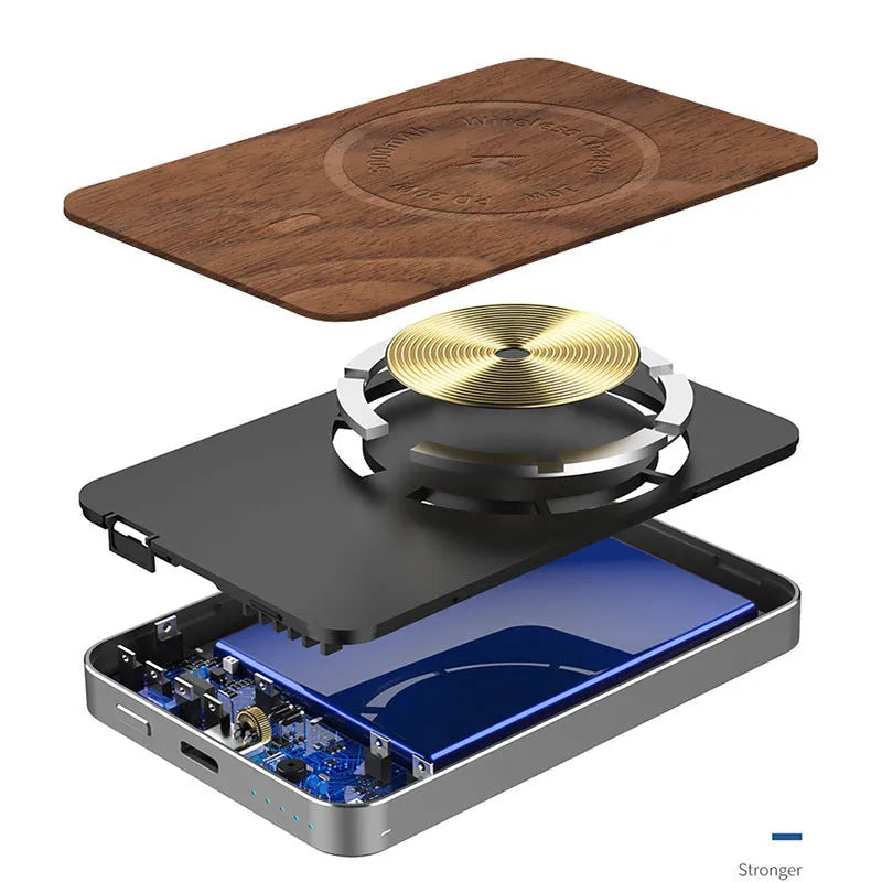 Khaki aluminium wireless charging bank with magnetic suction and USB port