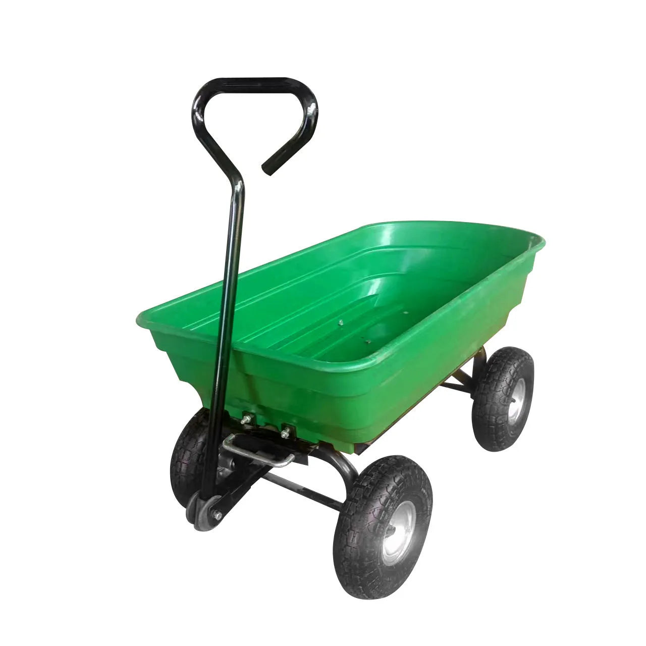 Green four-wheel plastic and steel dump truck with load bed, model TC2145