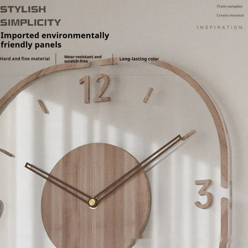 Modern transparent wooden frame wall clock showing 35cm square dimensions on a wall