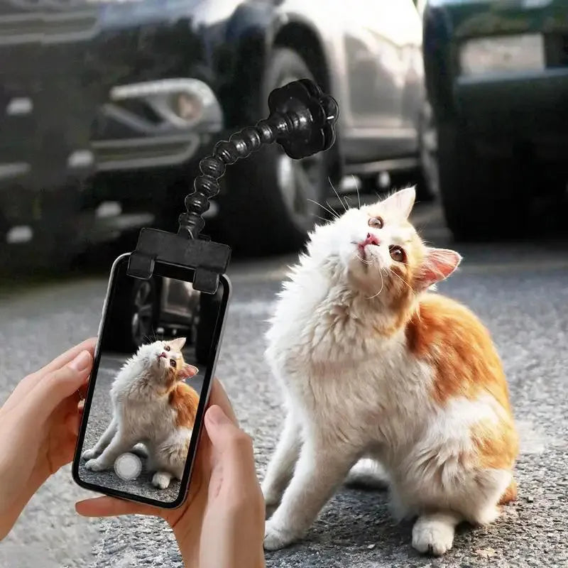 Black plastic pet selfie stick with treat clip extended to 15cm for mobile phone photography