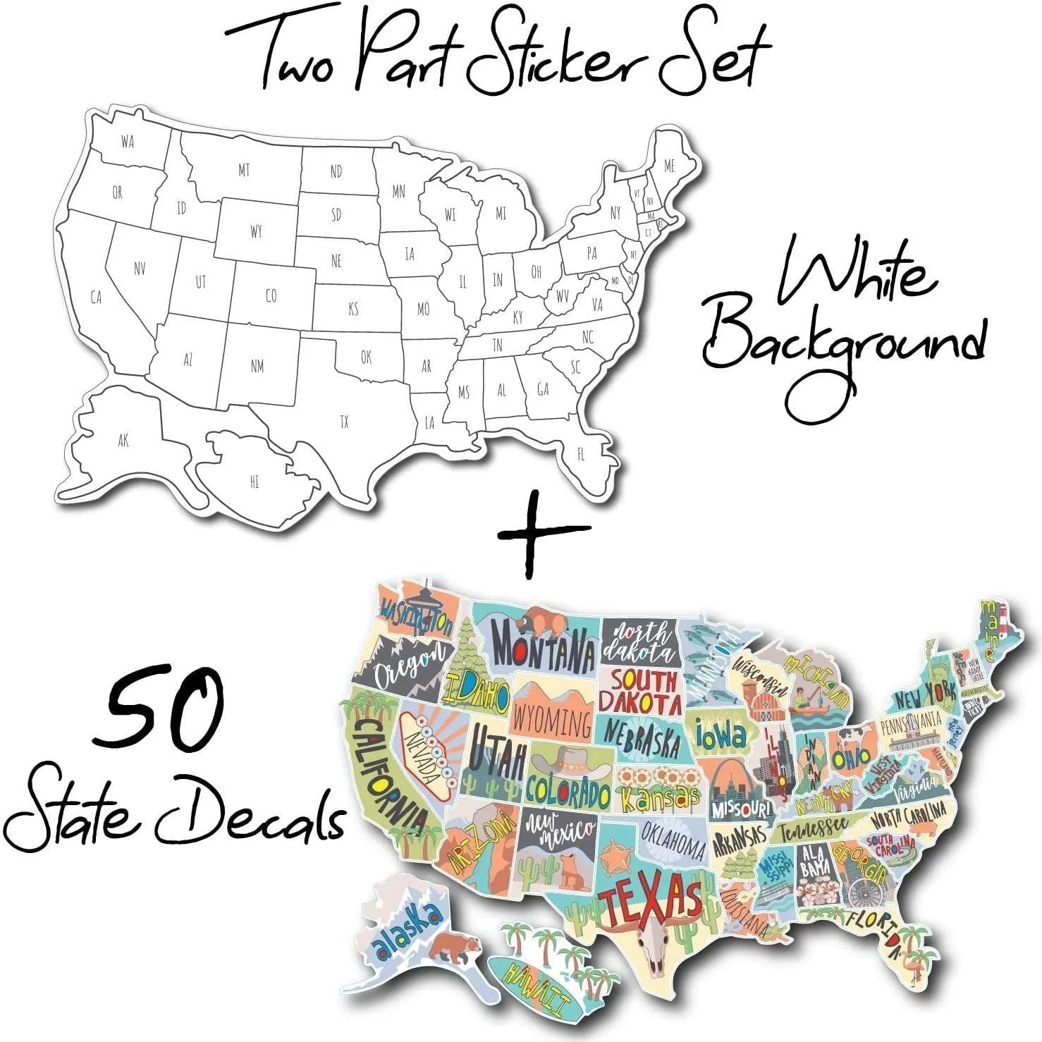 Travel destination map car sticker set showing two style options and a white background sticker.