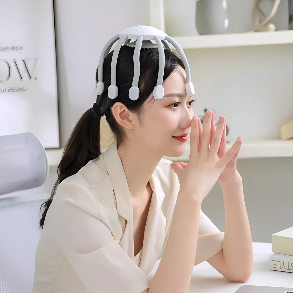Black or white USB head massager with multiple vibrating claws for scalp relaxation.
