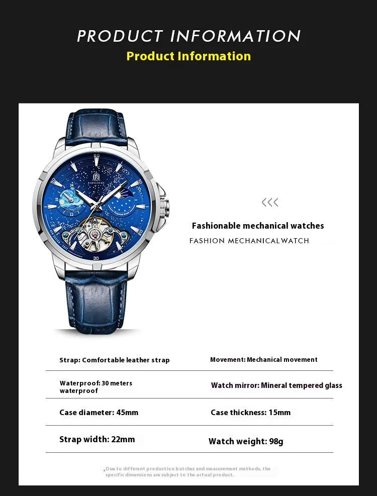 Men's blue automatic skeleton watch with open-heart dial on wrist
