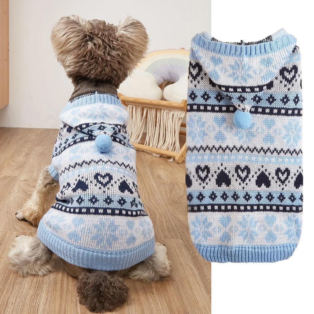 Pink, blue, and grey striped camouflage dog sweater with snowflake and love motifs for small breeds.