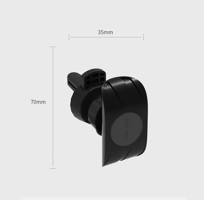 Black car phone holder attached to vehicle air vent holding smartphone